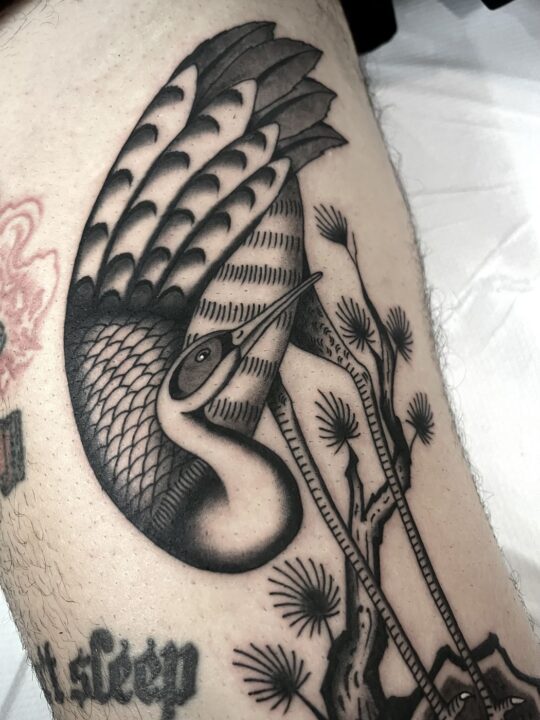 Grulla de plumaje escamado junto a un pino retorcido, tatuada en la pierna en negro y gris.