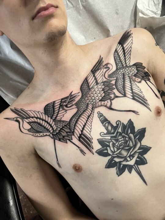 Tres grullas en vuelo cruzando el pecho y una rosa atravesada por una daga, tatuadas en negro y gris.