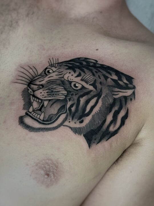 Cabeza de tigre rugiendo de perfil, tatuada en el pecho en negro sólido y gris.